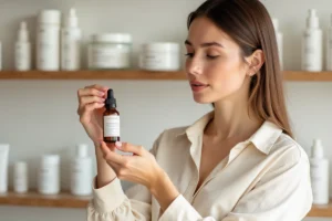 Femme en pharmacie tenant un produit Typology sur une étagère de soins naturels minimaliste