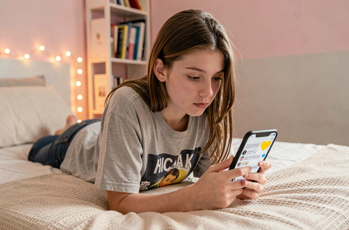 Adolescente allongée sur son lit regardant un cœur jaune Snapchat sur son téléphone