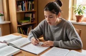 Adolescente concentrée qui révise ses maths à son bureau avec des cahiers et des manuels scolaires ouverts