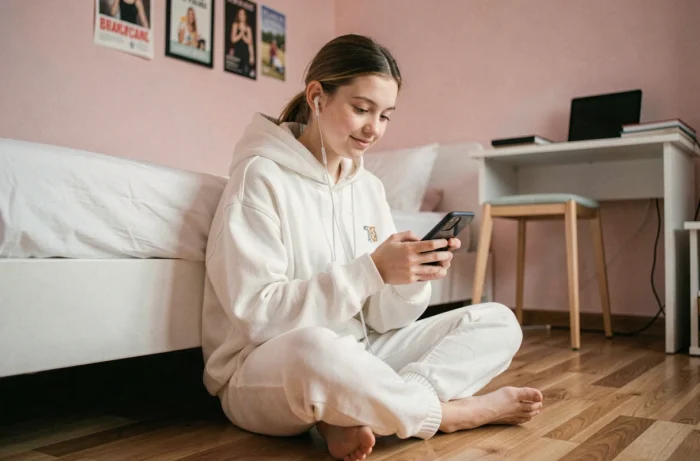 Adolescente écoutant du contenu numérique sur smartphone dans sa chambre, reflet des nouvelles habitudes numériques des jeunes