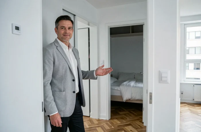 Agent immobilier présentant l'alcôve séparée d'un appartement T1 bis avec parquet et rangements modernes