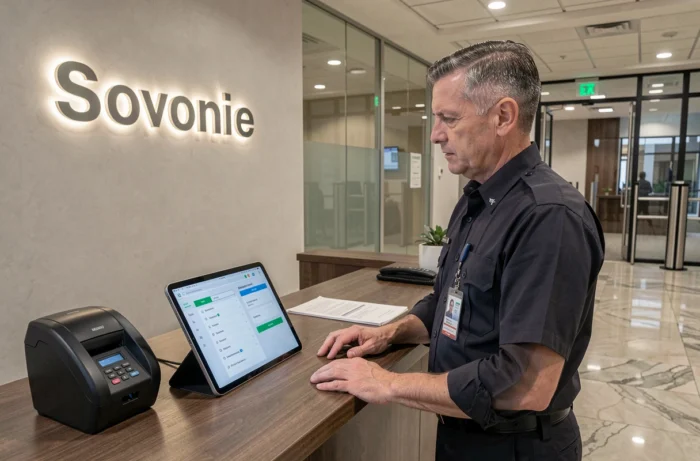 Agent de sécurité gérant un système de contrôle d'accès par badge depuis un poste de réception en entreprise
