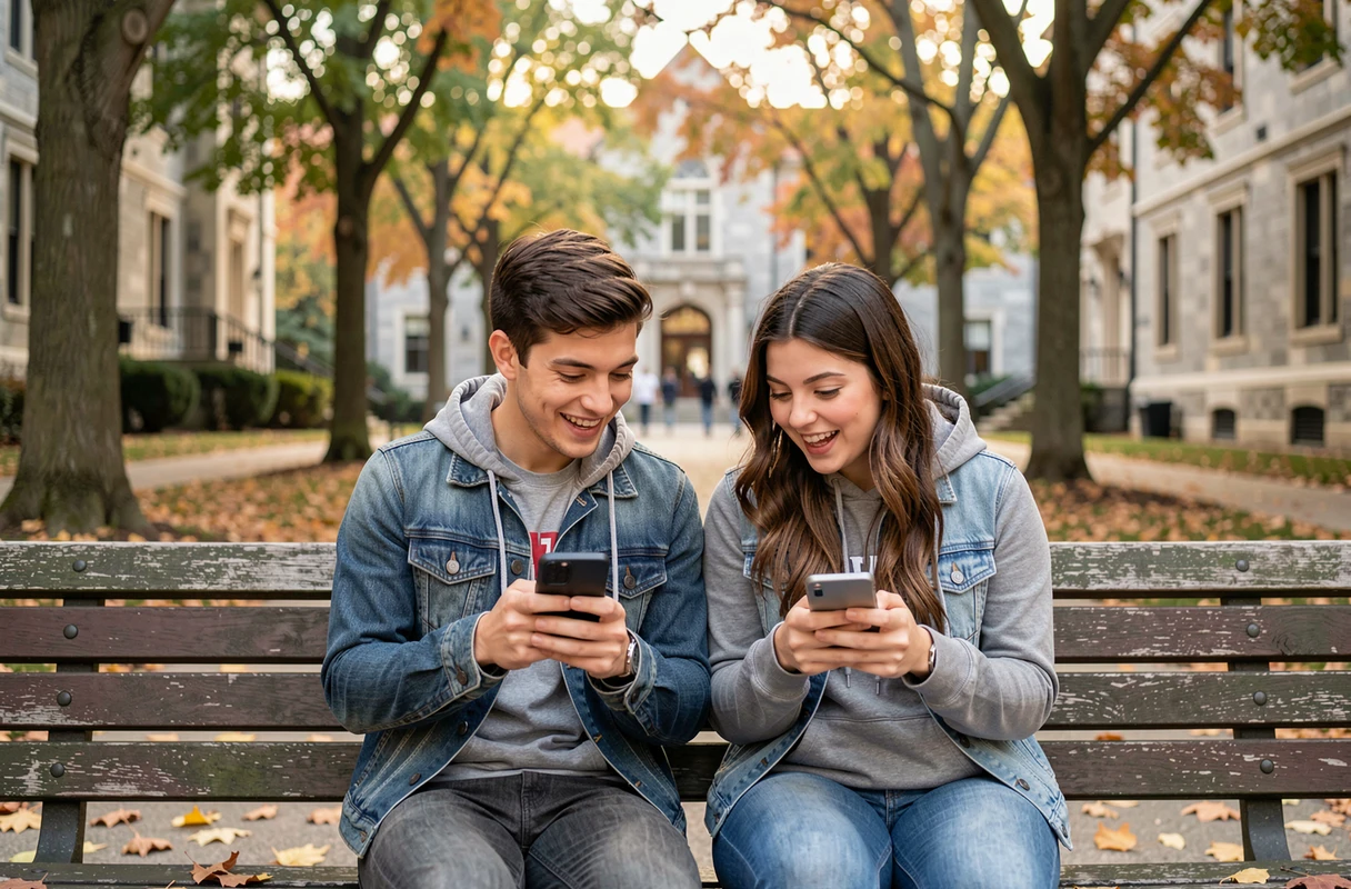 Deux amis étudiants sur un banc de campus consultant Snapchat avec des émojis cœur jaune