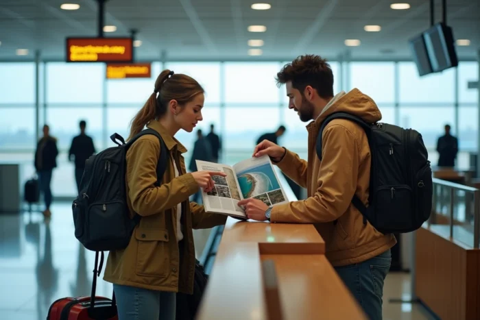 Deux amis consultant Epershand Magazine dans un aéroport pour planifier ensemble leur prochaine destination de voyage