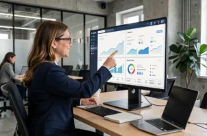 Professionnelle analysant des tableaux de bord de marketing digital sur un écran dans un bureau moderne