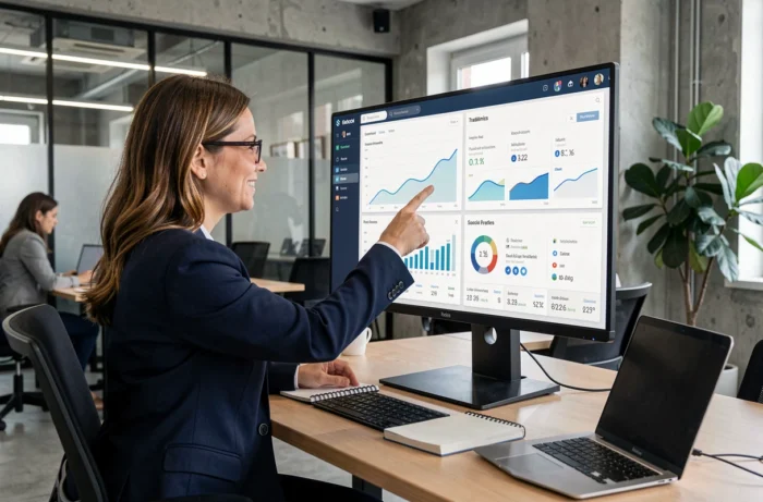 Professionnelle analysant des tableaux de bord de marketing digital sur un écran dans un bureau moderne