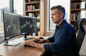 Homme analysant des graphiques boursiers sur deux écrans dans un bureau moderne