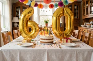 Table d'anniversaire festive décorée pour les 60 ans avec ballons dorés, gâteau et confettis