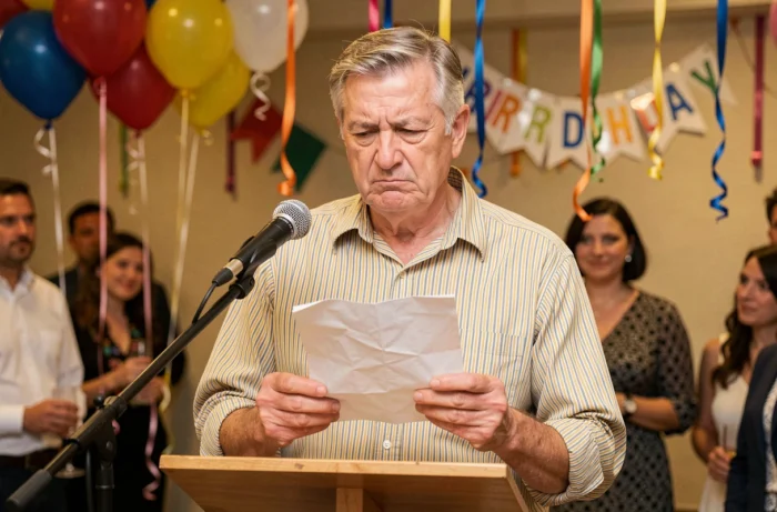 Homme sexagénaire à un pupitre tenant un discours raté avec une expression ironique lors d'une fête