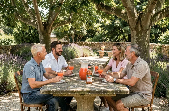 Groupe d'amis partageant des verres de Ricard tomate lors d'un apéritif estival dans un jardin provençal