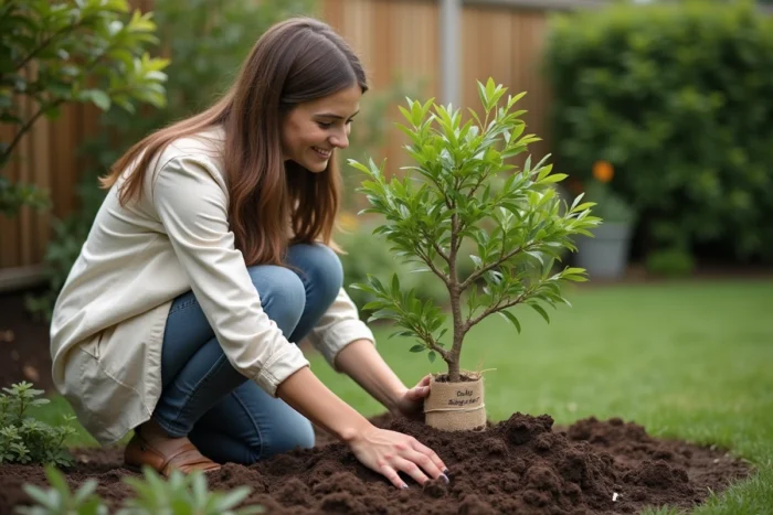 Femme plantant un jeune arbre dans un jardin avec une étiquette portant le prénom d'un enfant baptisé
