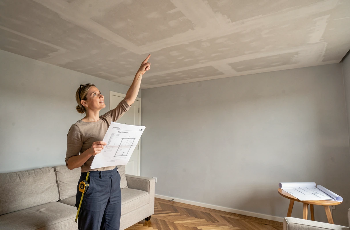 Architecte d'intérieur évaluant la résistance et les charges d'un plafond BA13 dans un appartement rénové