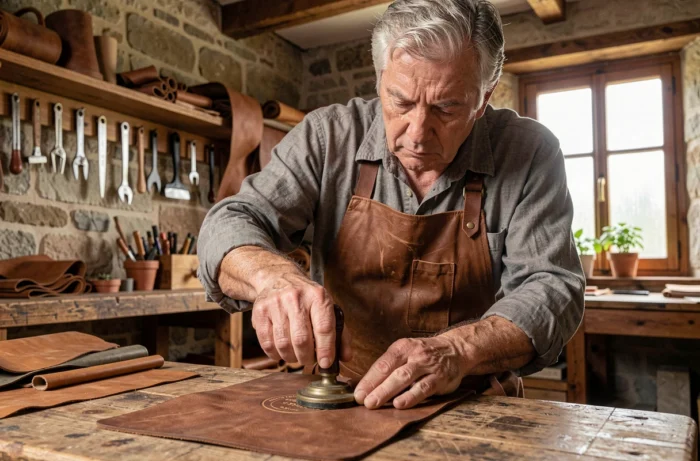 Artisan européen certifiant un produit en cuir Made in EEC dans un atelier traditionnel