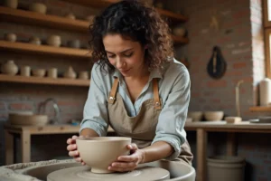 Femme en train de façonner un bol en céramique sur un tour de potier dans un atelier artisanal rustique