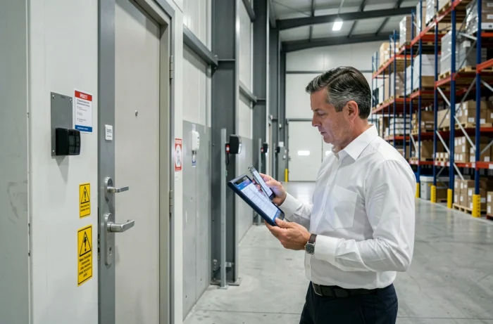 Auditeur de sécurité réalisant un audit structuré des serrures et accès dans un grand entrepôt industriel avant investissement