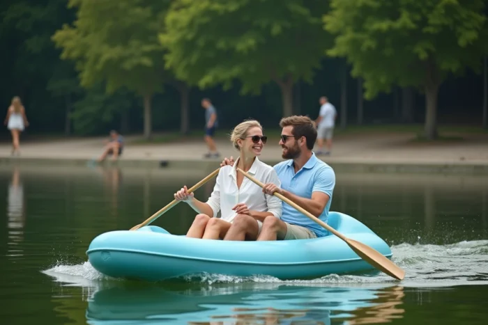 Couple faisant du pédalo sur un lac paisible en région parisienne entouré d'arbres en été