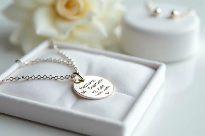 Pendentif en argent gravé avec coordonnées GPS du lieu de baptême sur plateau en velours blanc