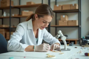 Bijoutière inspectant un bracelet Gigi Clozeau en or et résine colorée avec une loupe dans un atelier professionnel