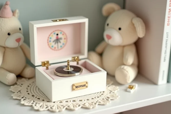 Boîte à musique blanche personnalisée avec motif floral et plaquette gravée sur chemin de table en dentelle