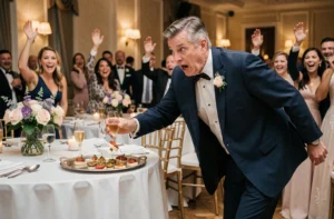 Invité de mariage qui trébuche et renverse des amuse-bouches lors de la réception, scène de fou rire pendant le banquet