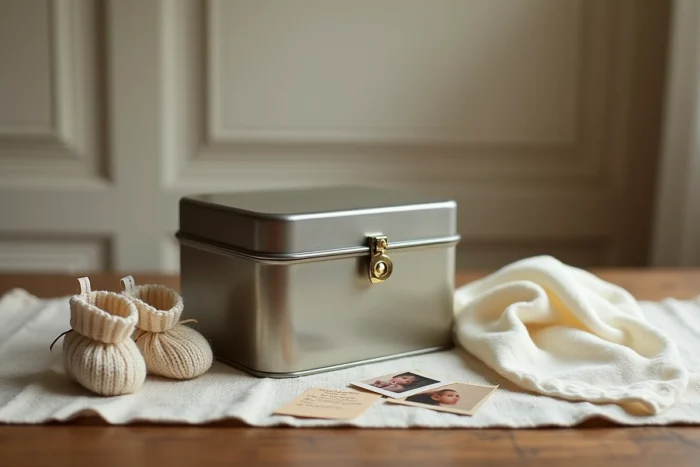 Capsule temporelle en métal avec souvenirs de baptême disposés autour sur une table rustique