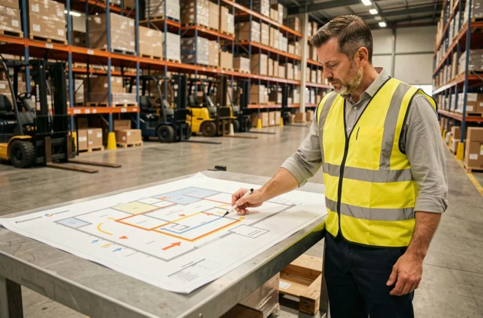 Responsable logistique analysant un plan de flux de circulation dans un entrepôt pour optimiser le placement des serrures