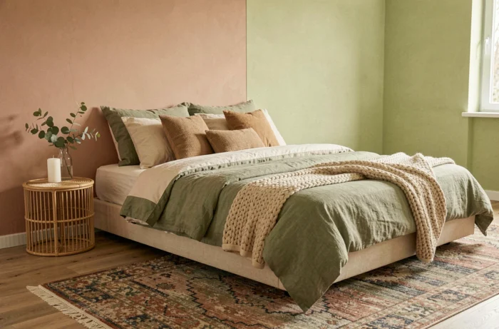 Chambre moderne et apaisante avec literie en lin sauge, table de chevet en rotin et mur à la chaux terracotta