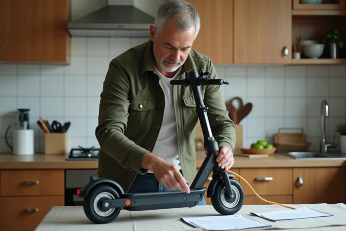 Homme branchant le câble de charge d'une trottinette Urban Glide en consultant un guide de dépannage dans une cuisine