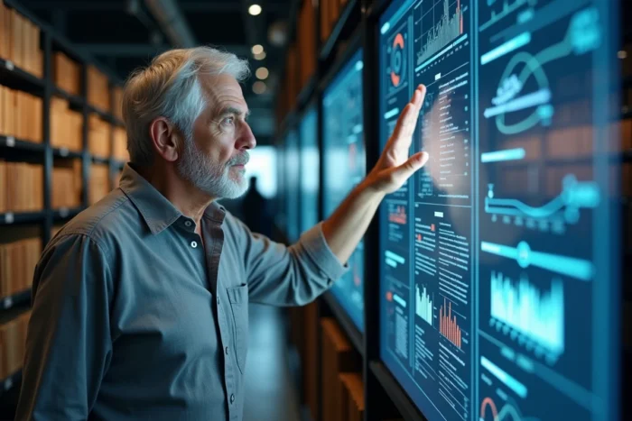 Chercheur senior interagissant avec un mur d'écrans tactiles affichant des données technologiques, illustrant l'évolution numérique face aux connaissances traditionnelles