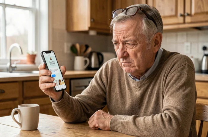 Homme sexagénaire scrutant son smartphone avec perplexité comique dans une cuisine chaleureuse