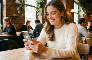 Jeune femme souriant en regardant un cœur jaune Snapchat sur son smartphone dans un café