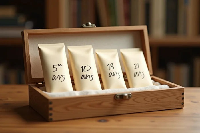 Coffret en bois avec enveloppes scellées étiquetées à différents âges pour un cadeau de baptême