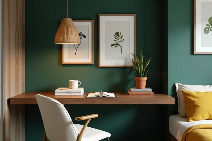 Coin bureau stylé dans une chambre moderne avec mur vert forêt, bureau en noyer flottant et galerie de cadres botaniques
