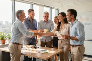 Groupe de collègues de bureau échangeant des voeux de bonnes vacances avant un départ en congé