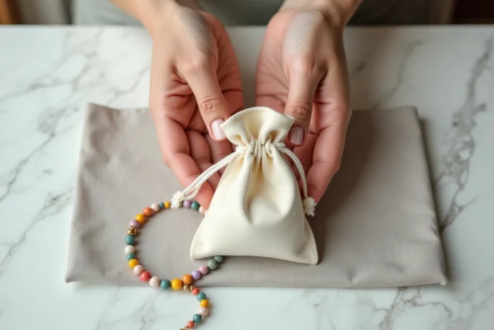 Collier Gigi Clozeau en perles de résine colorées posé sur du lin gris avec sa pochette velours pour la garantie et réparation