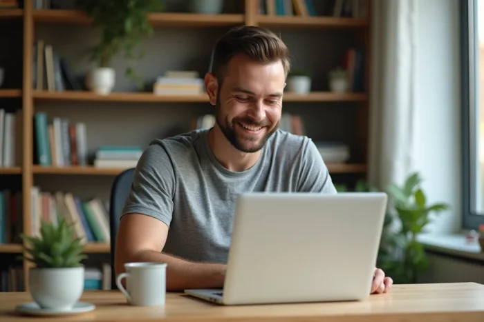 Homme consultant le site de la marque Typology sur ordinateur portable pour acheter ses produits en ligne