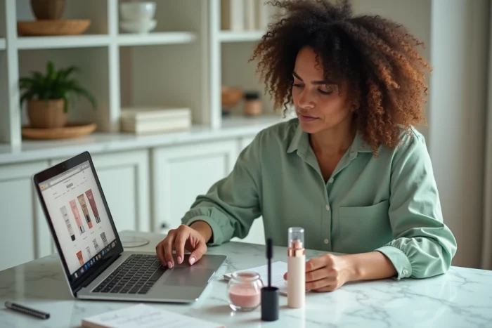 Femme comparant des produits de beauté tendance sur un site e-commerce depuis son bureau à domicile avec des cosmétiques étalés