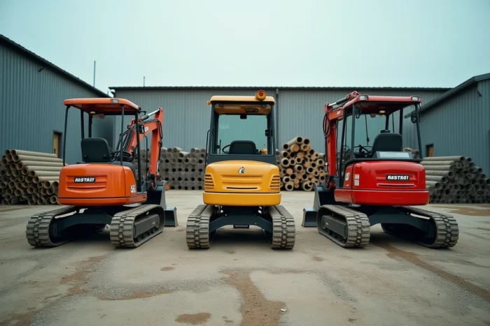 Comparaison de trois mini pelles de tailles différentes alignées dans un parc de location d'engins de chantier