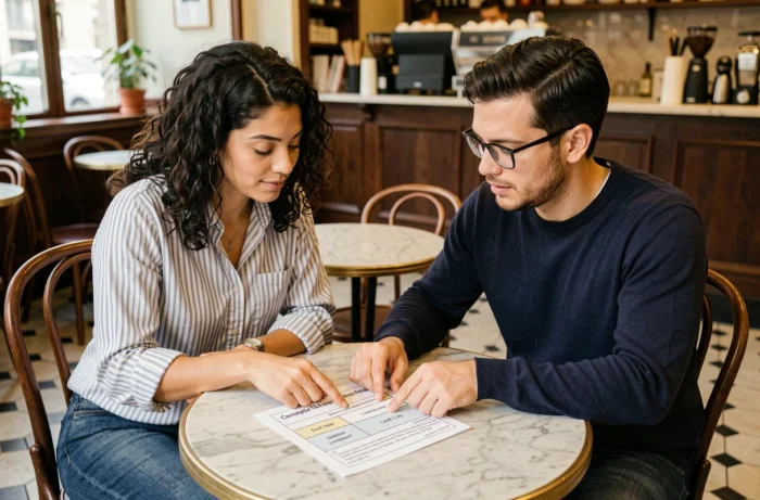 Deux personnes consultant un guide explicatif sur les champs d'adresse localité voie et complément dans un café