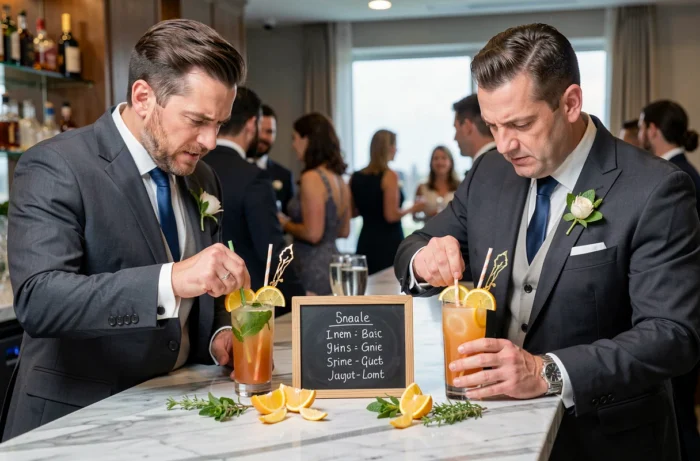 Deux témoins en costume préparant des cocktails sans alcool décorés lors d'un concours au bar d'une réception de mariage