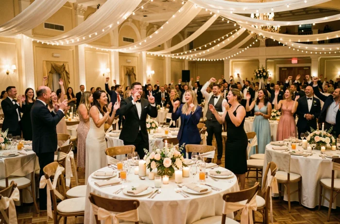 Salle de réception de mariage animée avec des invités souriants participant à des jeux et concours festifs autour de tables décorées