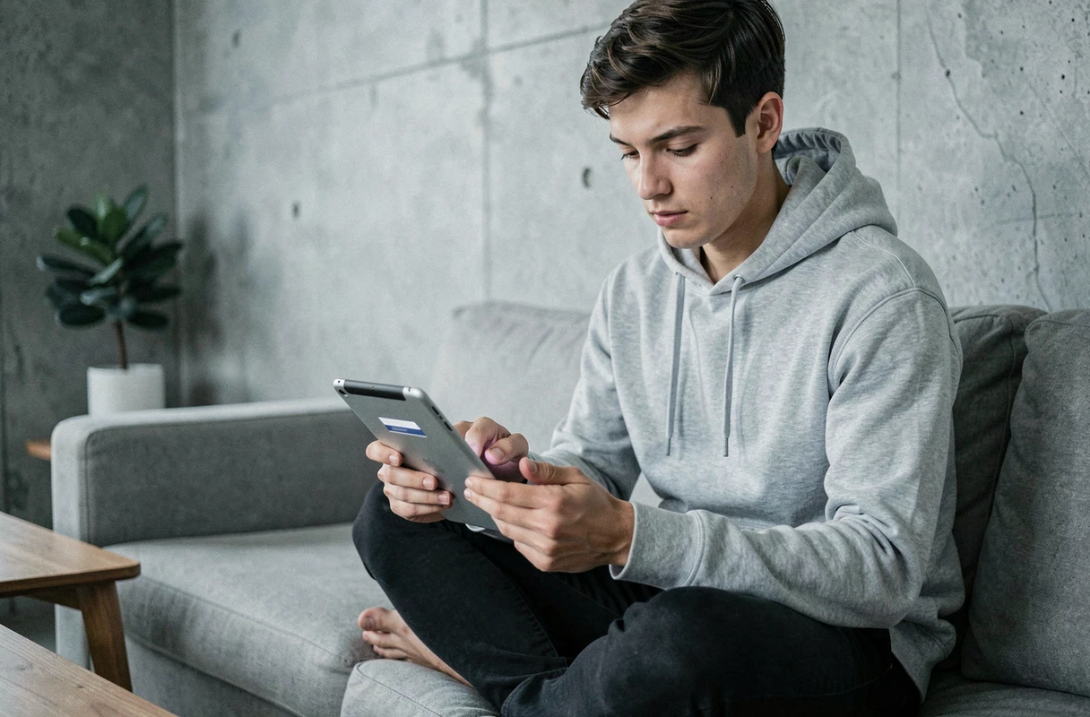 Jeune adulte se connectant à son compte Arkevia sur une tablette dans un appartement moderne