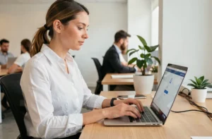 Femme professionnelle se connectant à son compte Arkevia sur un ordinateur portable dans un bureau moderne