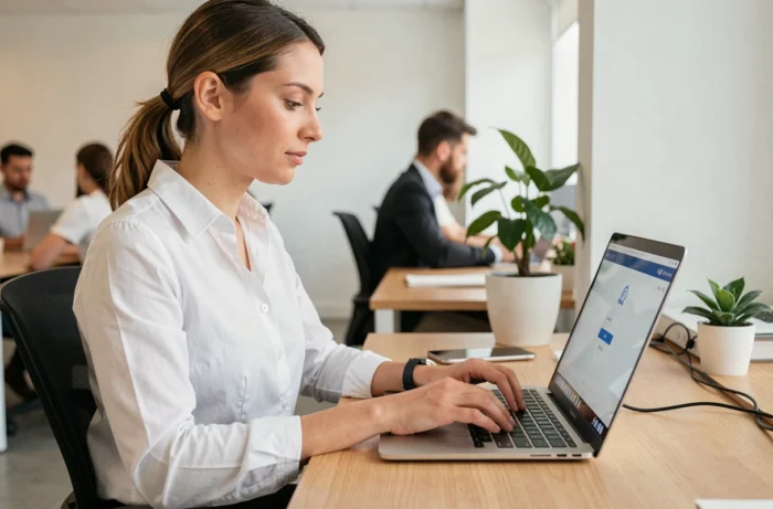 Femme professionnelle se connectant à son compte Arkevia sur un ordinateur portable dans un bureau moderne