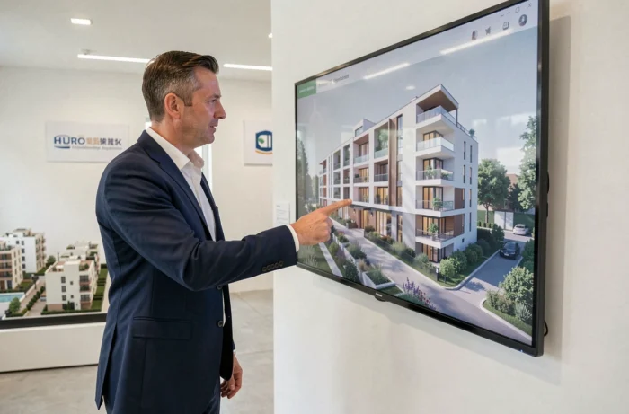 Conseiller immobilier présentant un programme neuf dans un espace de vente moderne en France