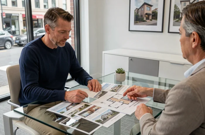 Homme consultant des brochures immobilières avec un agent dans une agence moderne