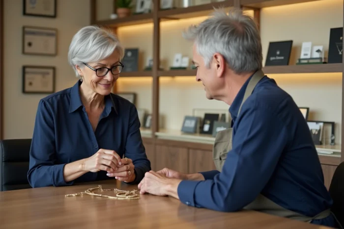 Femme consultant un spécialiste en réparation de bijoux Gigi Clozeau dans une boutique pour discuter de la garantie