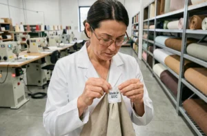 Contrôleuse qualité examinant une étiquette Made in EEC dans une usine textile européenne