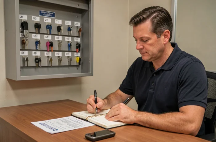Serrurier enregistrant une clé dans un registre de contrôle de reproduction dans le bureau d'un entrepôt professionnel