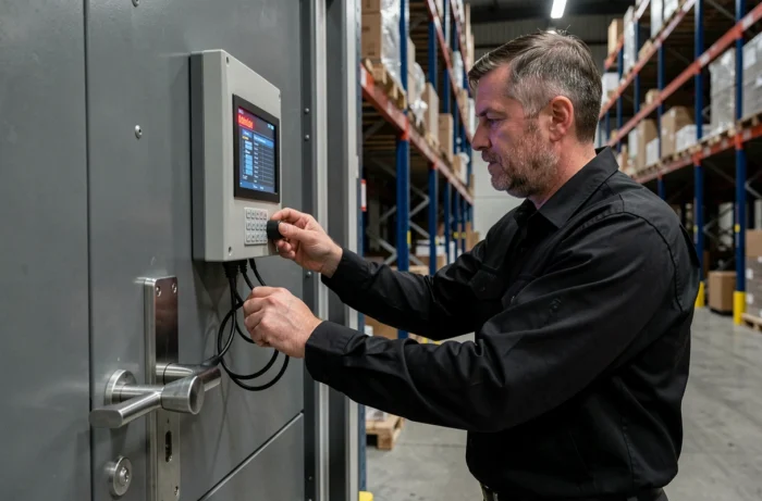 Technicien couplant un système d'alarme anti-intrusion à une serrure haute sécurité sur la porte principale d'un entrepôt